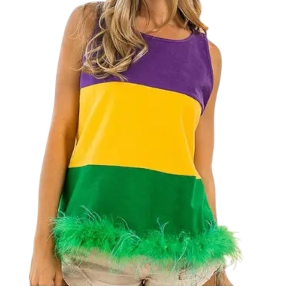 Mardi Gras Tank Cotton Top with Feather Hem